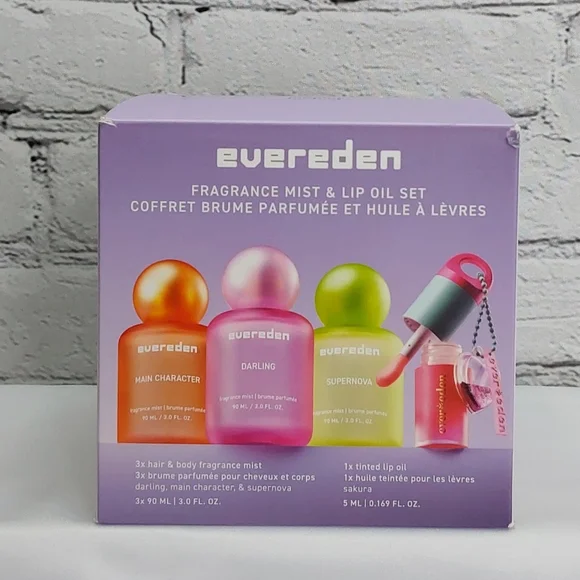 EVEREDEN FRAGRANCE 4-PIECE GIFT SET HAIR & BODY MIST, TINTED LIP OIL, VEGAN